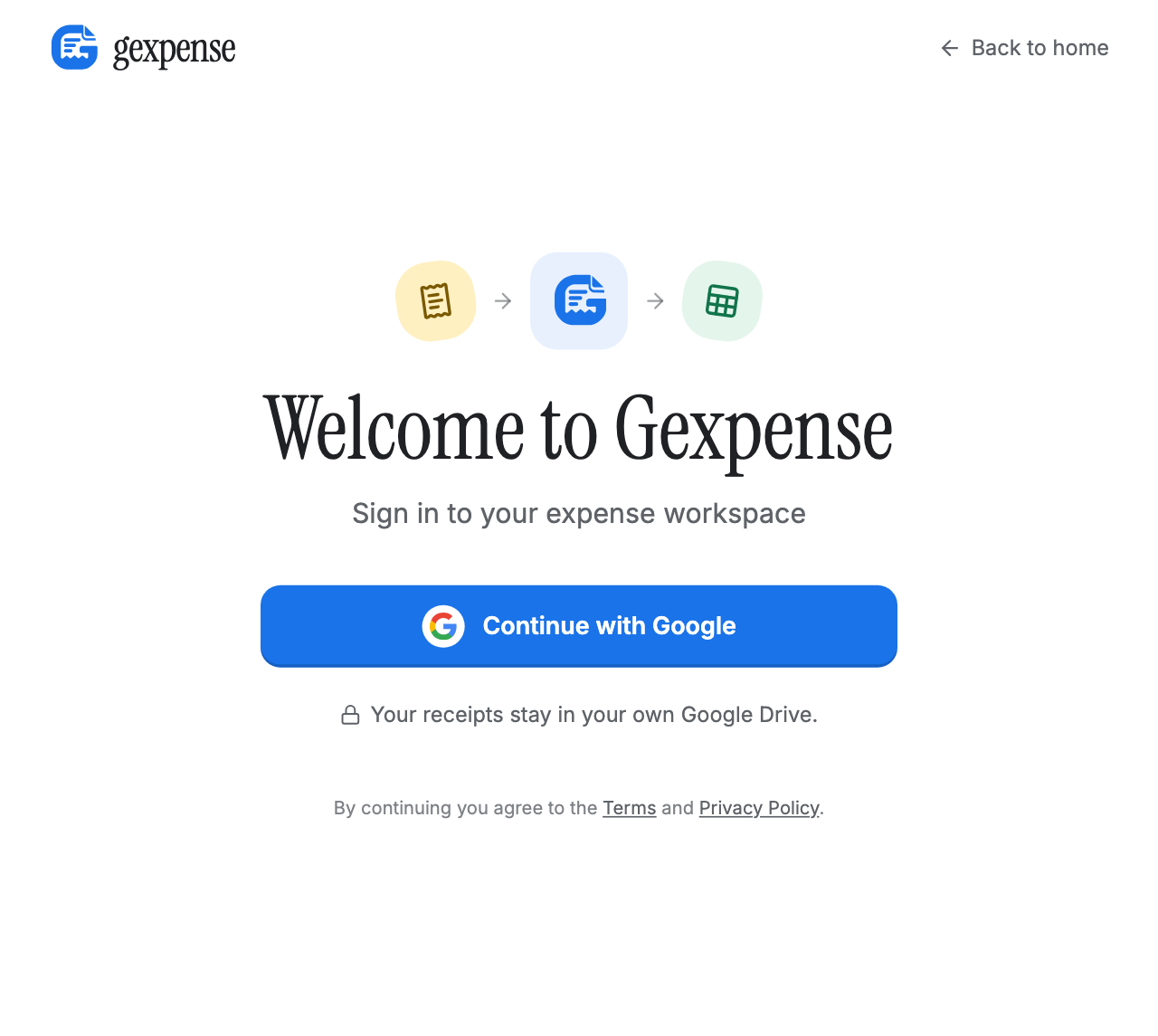 Gexpense sign-in screen with the Continue with Google button