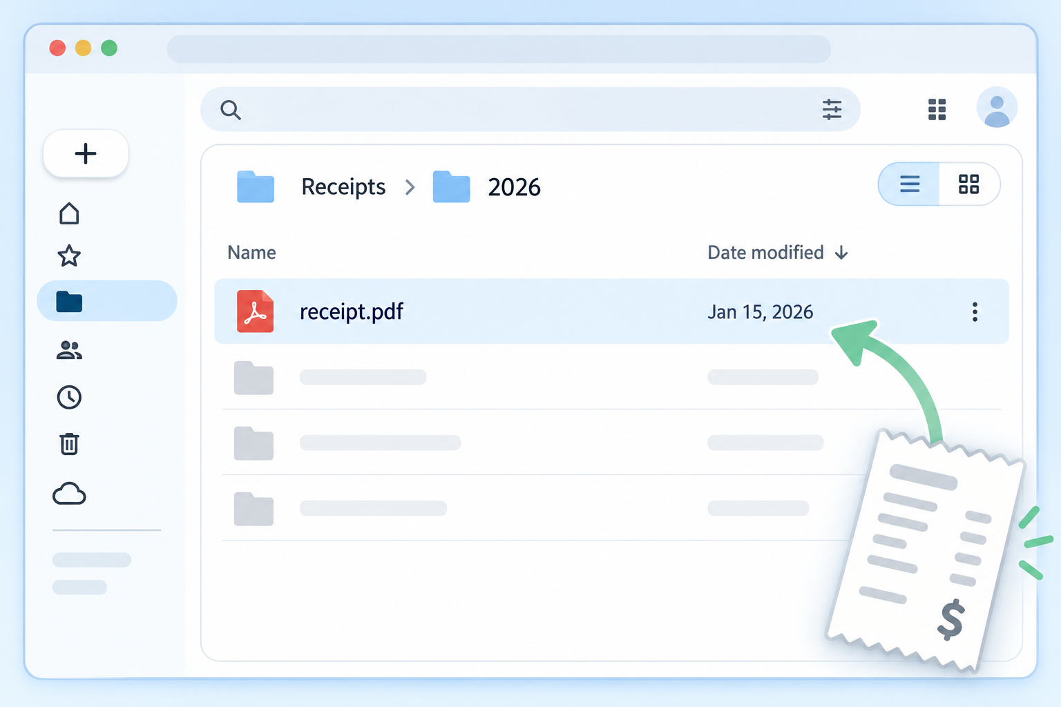 Illustrated Drive view showing receipt.pdf inside Receipts and 2026 folders