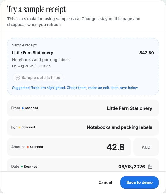 Gexpense sample receipt review with the supplier, date, amount and currency ready to check